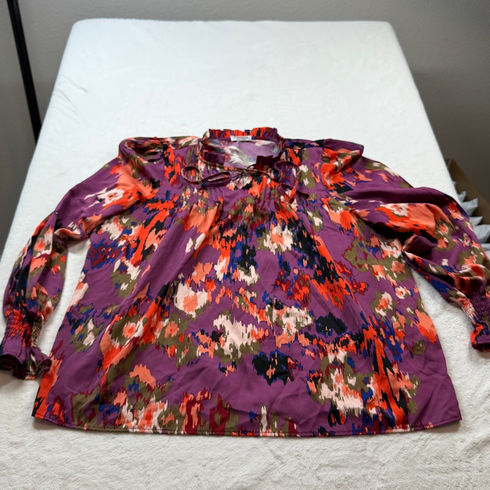 Hotouch Abstract Print Blouse Womens XL Purple Orange Good Ruffle Tie Neck Smock